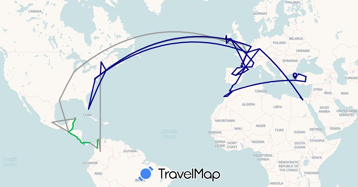 TravelMap itinerary: driving, bus, plane, train, boat in Belgium, Canada, Colombia, Costa Rica, Germany, Egypt, Spain, France, United Kingdom, Ireland, Morocco, Panama, Turkey, United States (Africa, Asia, Europe, North America, South America)